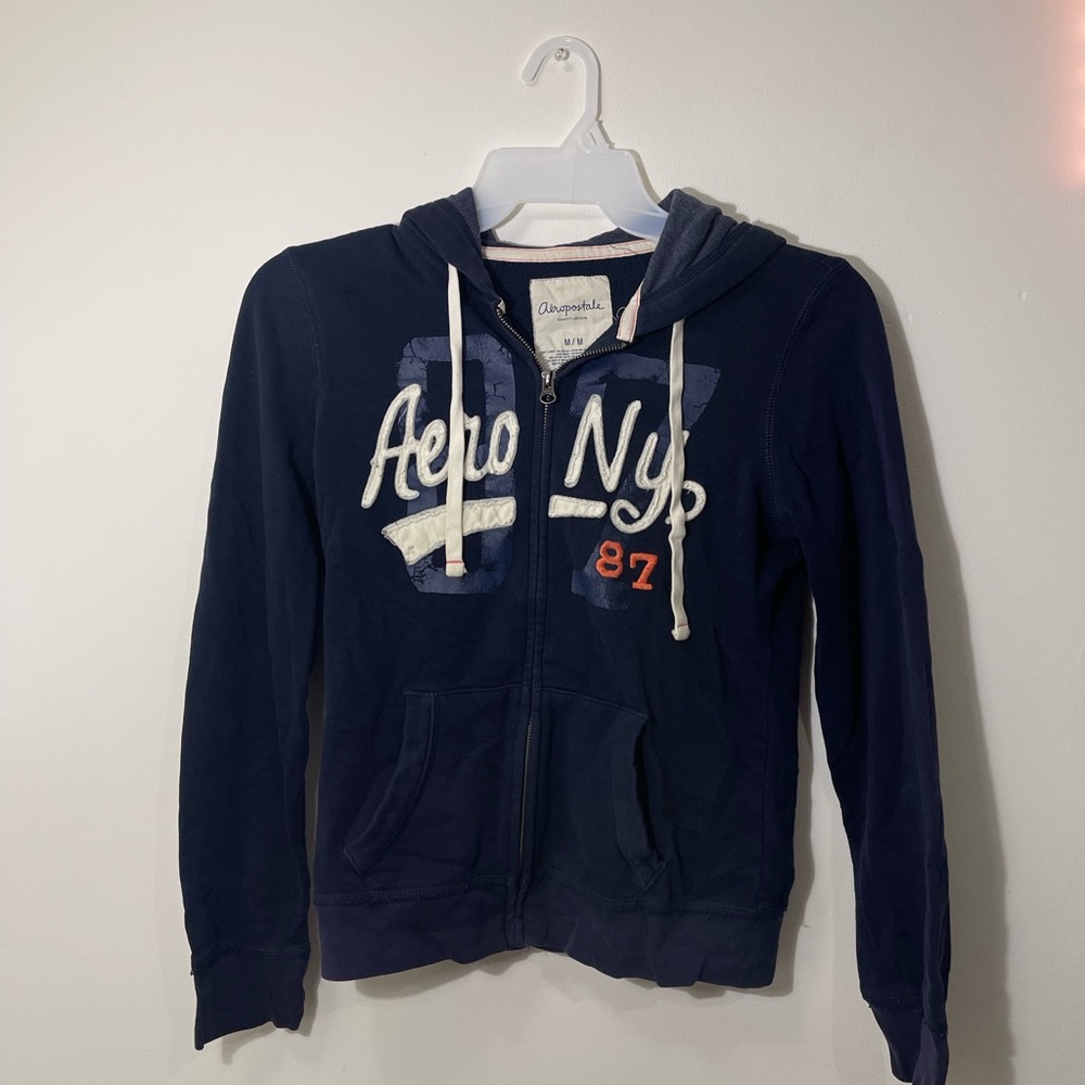 Aeropostale Navy Zip-Up Hoodie with White and Orange Accents